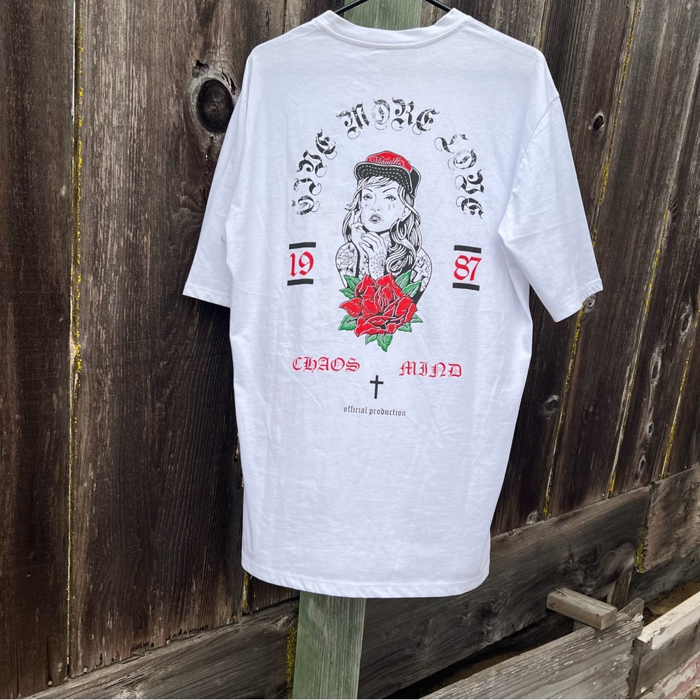 Justwest “Give More Love” Graphic T-Shirt Made in Italy 100% Cotton Chaos Mind L